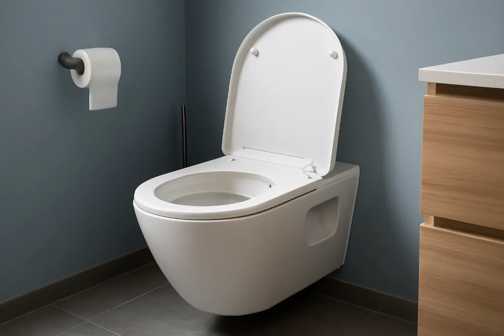 Безобідковий унітаз у сучасному інтер'єрі ванної кімнати Сучасний безобідковий унітаз у мінімалістичній ванній кімнаті з блакитними стінами.