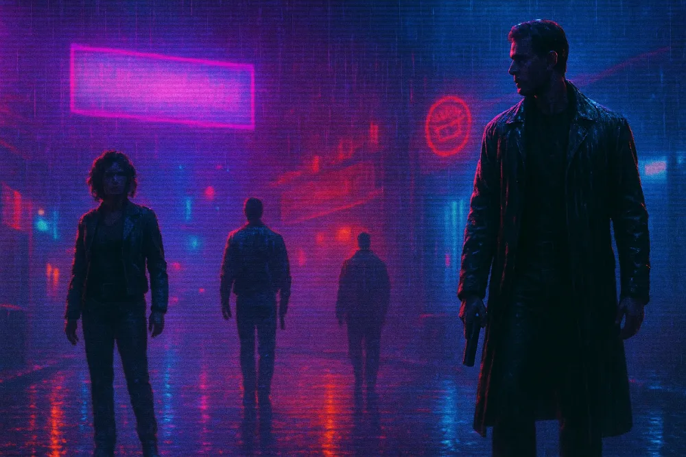 Атмосферне неонове міське нічне середовище з фігурами у стилі 90-х без упізнаваних облич