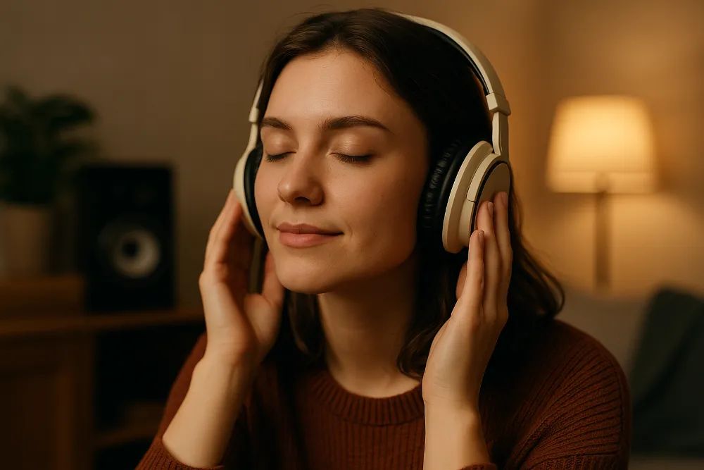 Жінка в навушниках із заплющеними очима насолоджується музикою та спокоєм