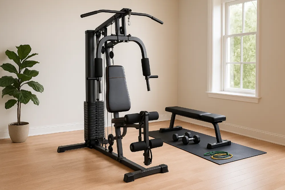 Силовий тренажер для дому у світлому просторому інтер’єрі Домашній силовий тренажер у реалістичному інтер’єрі з природним освітленням