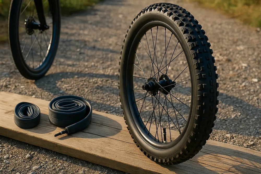 Велосипедні колеса з камерною та безкамерною шиною на гравійній дорозі для порівняння