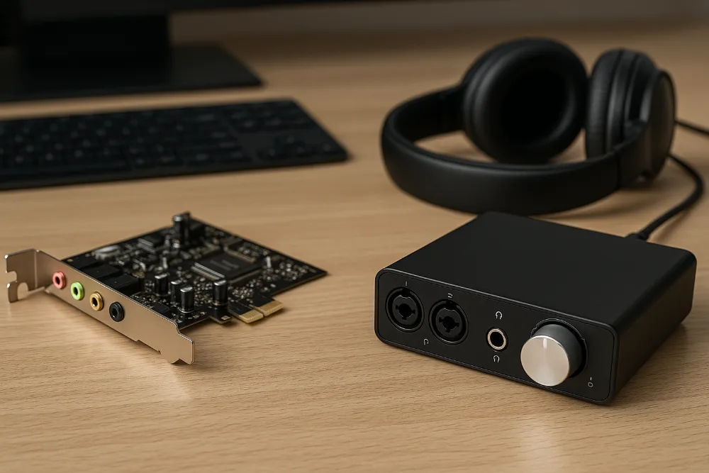 Внутрішня та зовнішня звукові карти на робочому столі Фотографія внутрішньої та зовнішньої звукових карт поруч із навушниками на столі
