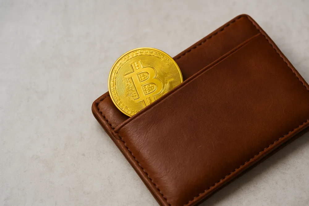 Коричневий гаманець із біткойн-монетою на світлій поверхні Коричневий шкіряний гаманець з монетою біткойна, що частково виглядає зі слотів
