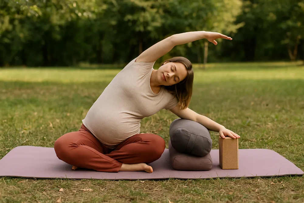 Вагітна жінка практикує м’яку йогу на килимку з опорами у природному освітленні