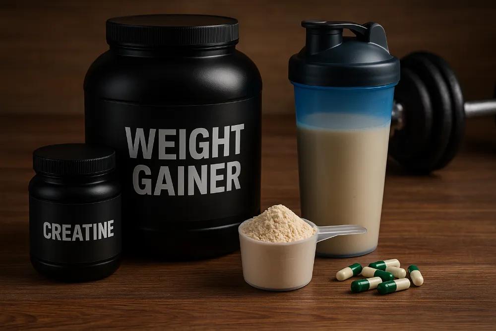 Фотографічне зображення гейнера, креатину та шейкера для набору м’язової маси