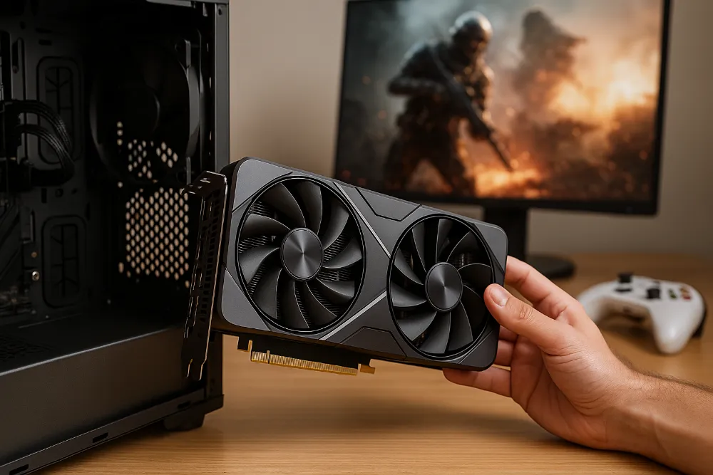 Людина встановлює ігрову відеокарту в корпус комп’ютера на фоні монітора з грою