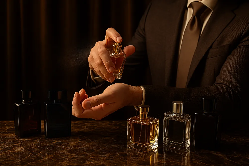 Стильний чоловік у костюмі наносить парфум серед розкішних флаконів на мармуровій поверхні