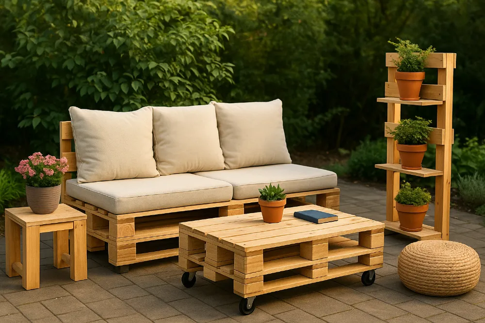 Садові меблі з палетів на терасі серед зелені Дерев’яні меблі з палетів із подушками на садовій терасі, поруч квіти та зелень
