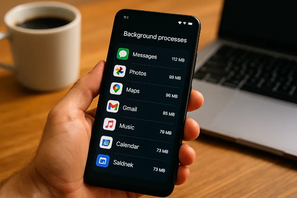 Фонові процеси смартфона у широкій візуалізації Смартфон у руці з активними фоновими процесами на екрані, широкий формат
