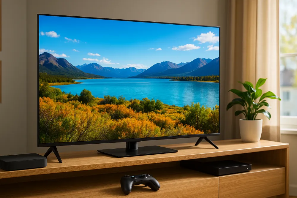 Телевізор з яскравим HDR-зображенням у сучасній вітальні Сучасний телевізор відтворює яскраву HDR-картинку з горами та озером у вітальні