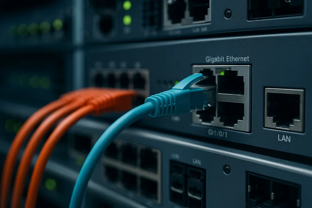 Широкоформатне фото комутатора з підключеними trunk-портами та Ethernet-кабелями в серверній кімнаті