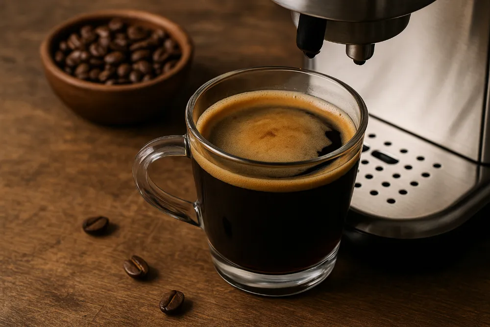 Склянка еспресо з густою пінкою поруч із кавомашиною та кавовими зернами