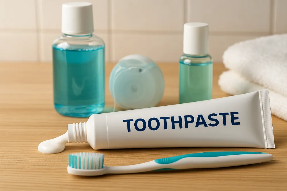 Реалістичне фото тюбика зубної пасти з маркуванням поруч із засобами гігієни