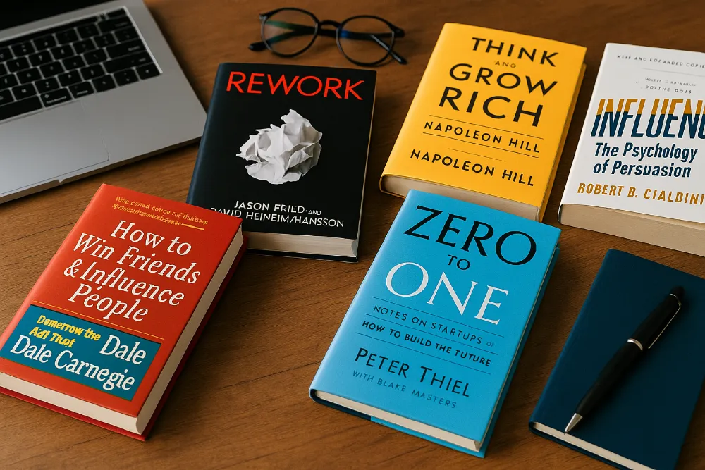 Фотографія бізнес-книг на столі з ноутбуком та аксесуарами для роботи