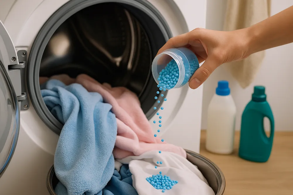 Рука засипає ароматизовані перлини у барабан пральної машини з м’якими рушниками