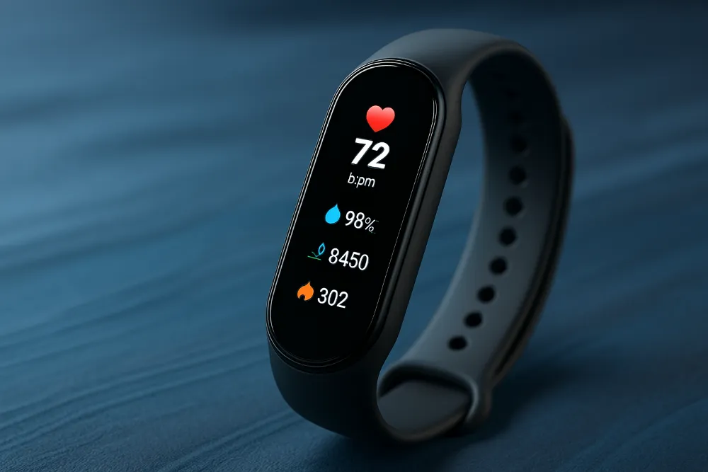 Сучасний фітнес-браслет крупним планом з активним AMOLED-дисплеєм на синьому фоні