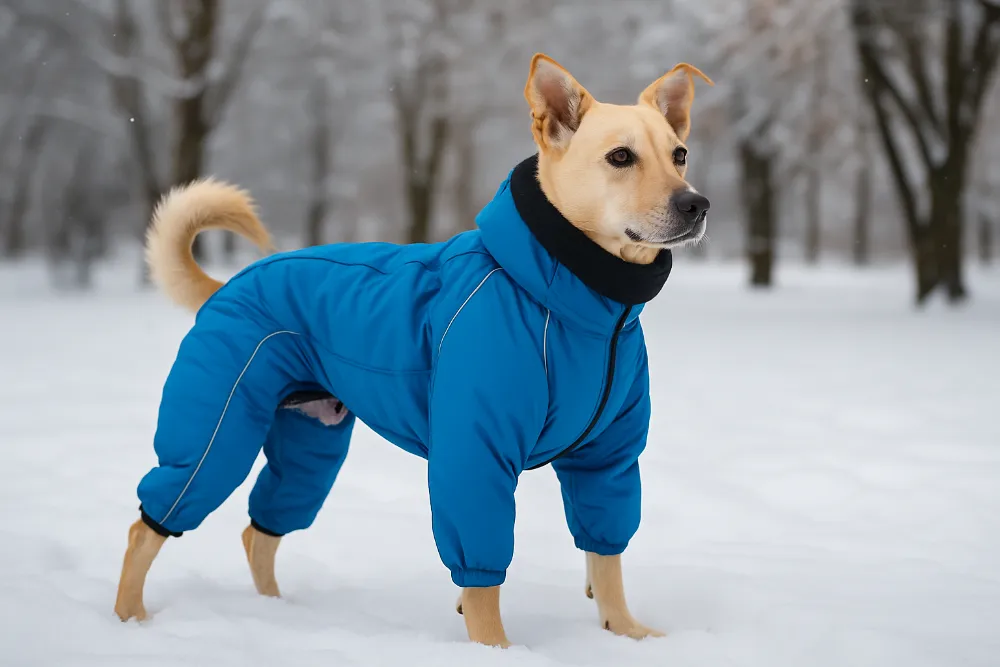 Собака середнього розміру у синьому зимовому комбінезоні стоїть на снігу