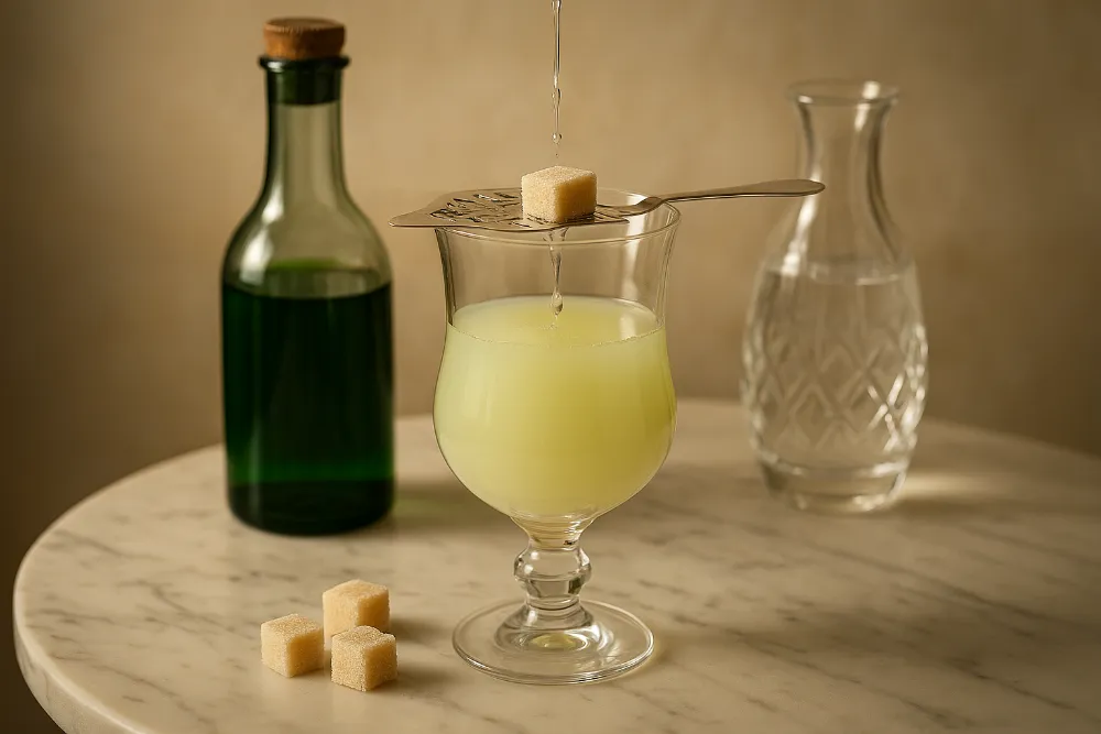 Підготовка абсенту з ложкою, цукром і водою на світлій мармуровій поверхні