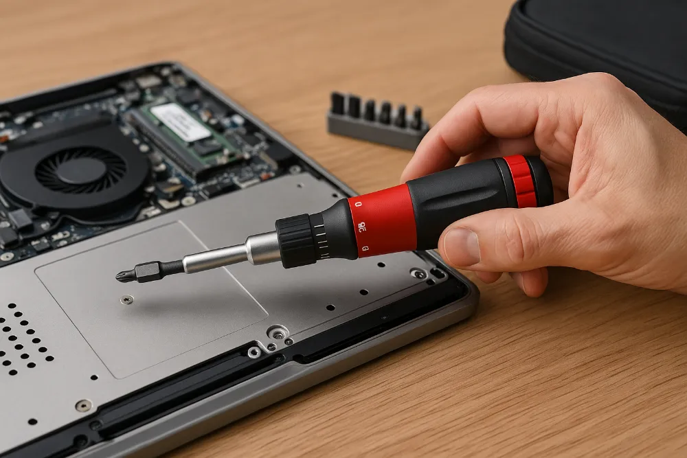 Динамометрична викрутка під час ремонту електронного пристрою Рука майстра використовує динамометричну викрутку для затягування гвинта в ноутбуці