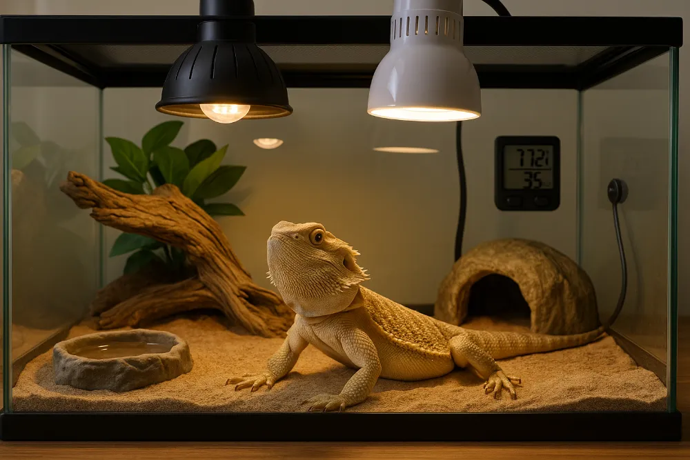 Ящірка вдома в облаштованому тераріумі під лампами обігріву Бородата агама в тераріумі з піском, укриттям, гілкою та UVB-лампами