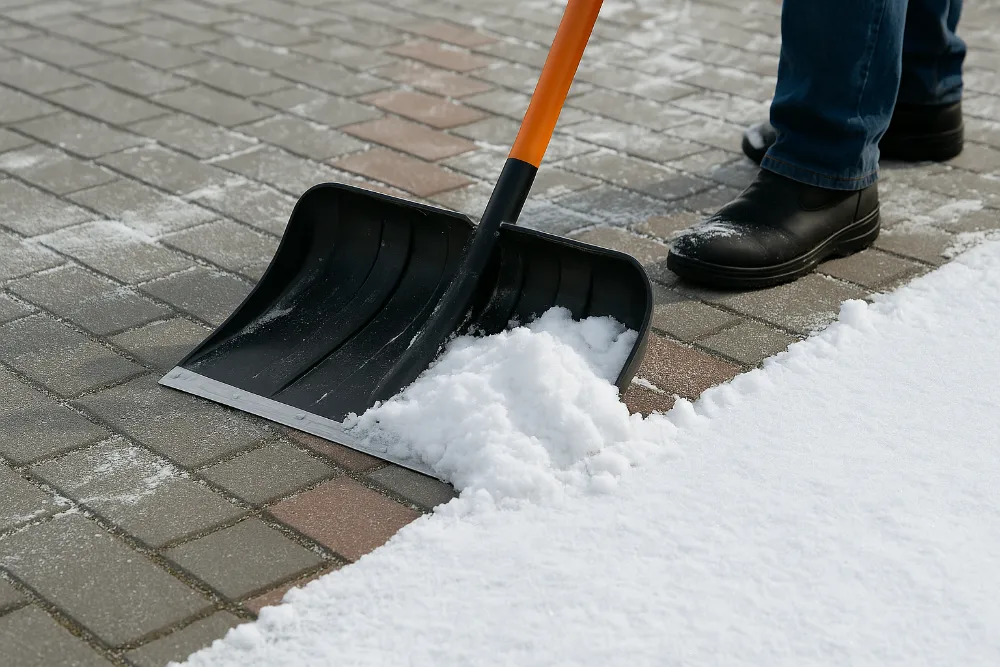 Зимове прибирання бруківки від снігу Людина очищає бруківку від снігу пластиковою лопатою вдень
