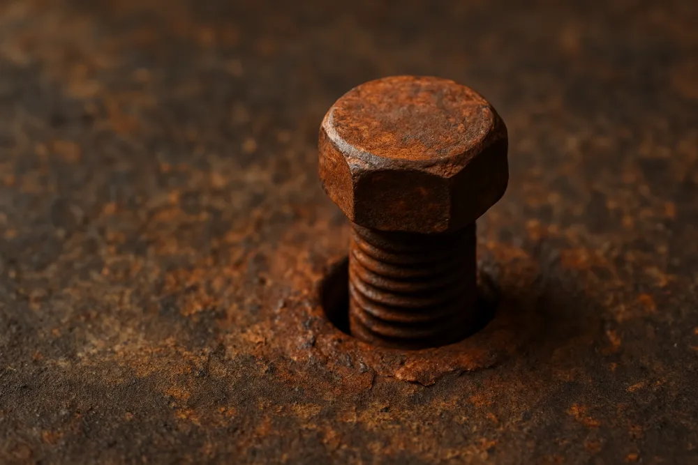 Ржавий прикипілий болт крупним планом на металевій поверхні Ржавий болт, що прикипів до корозійної металевої поверхні, крупний план