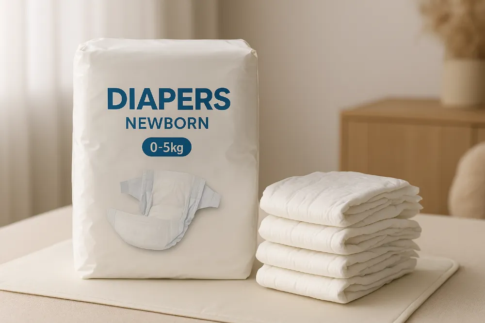 Пачка підгузків для новонароджених та складені підгузки поруч Пачка підгузків для новонароджених і стопка складених підгузків на пеленальному килимку