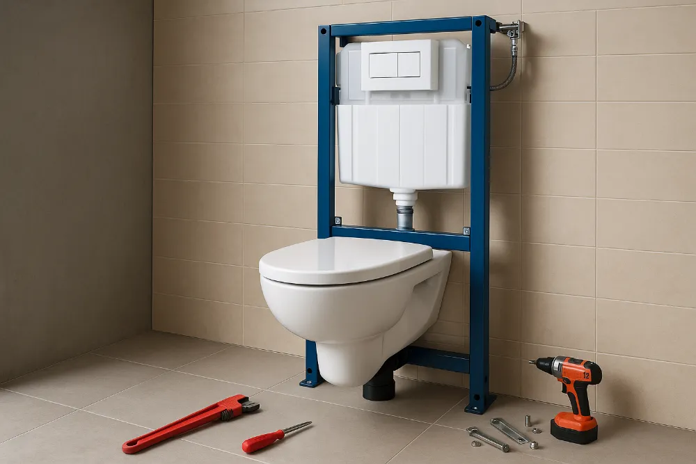 Система інсталяції для унітазу з металевим каркасом у процесі встановлення