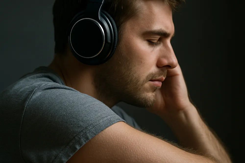 Людина в навушниках прислухається до музики, на шкірі помітні мурашки