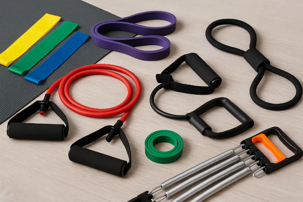 Комплект різних видів еспандерів для тренувань у домашніх умовах Різні види еспандерів на підлозі: стрічки, петлі, трубки з ручками, пружинні моделі та міні-бенди