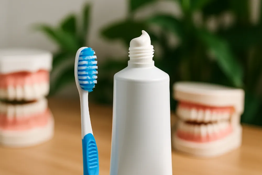 Зубна паста і щітка на тлі макетів зубів у стоматологічному кабінеті