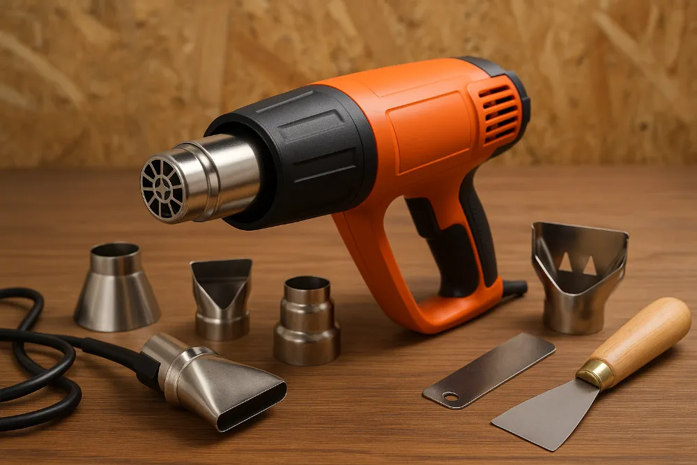 Будівельний фен та комплект насадок на дерев’яному столі для ремонтних робіт