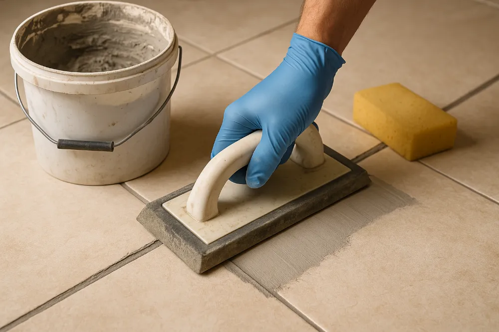 Процес заповнення швів плитки затиркою з використанням гумового шпателя