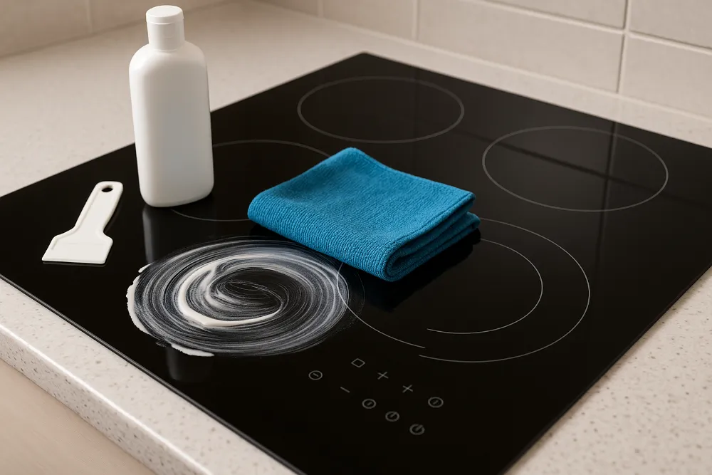 Очищення склокерамічної варильної поверхні без використання рук Засоби для догляду за склокерамічною поверхнею: мікрофібра, скребок і крем на плиті