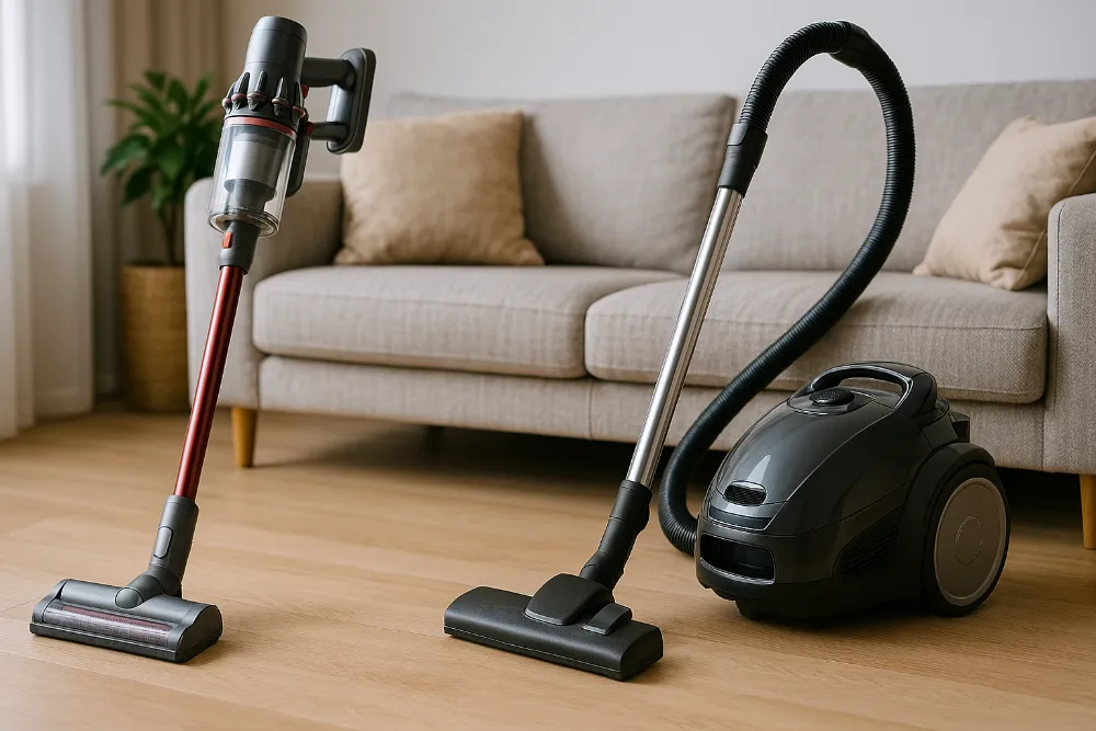 Вертикальний та класичний пилососи стоять поруч у сучасній вітальні