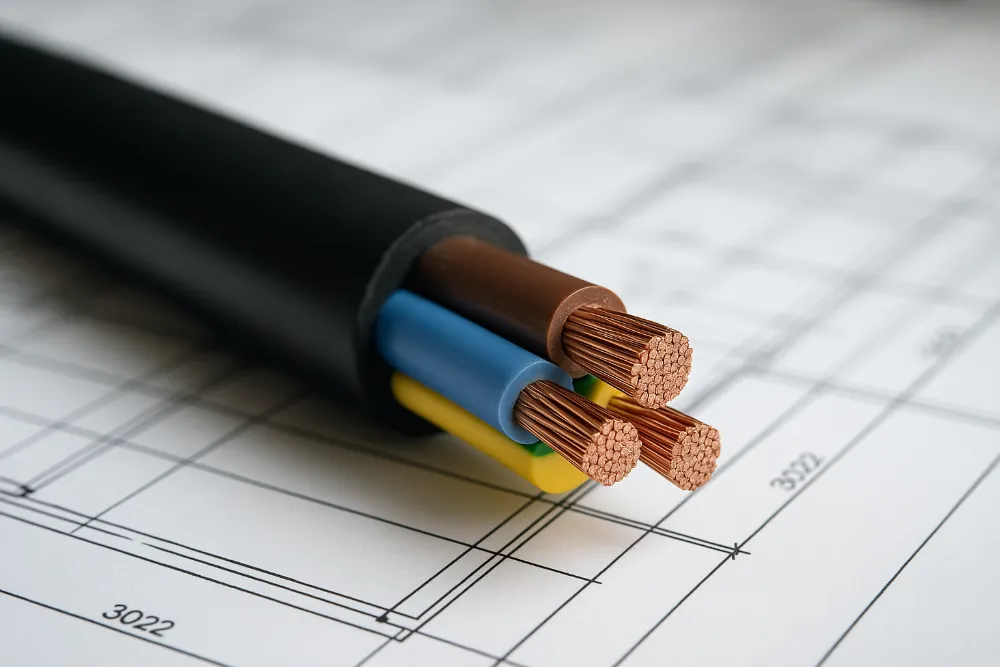 Перетин силового кабелю на будівельних кресленнях Фотографія силового кабелю з видимими жилами на фоні технічних креслень