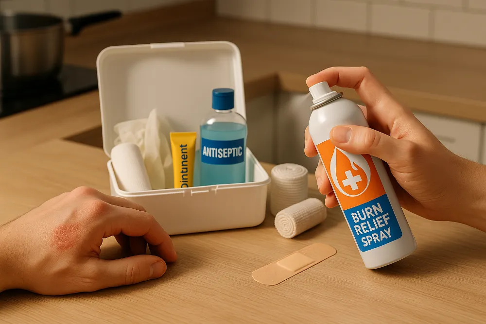 Набір засобів першої допомоги при опіках і порізах на кухонній поверхні Фотографія домашньої аптечки із засобами для догляду за опіками та порізами