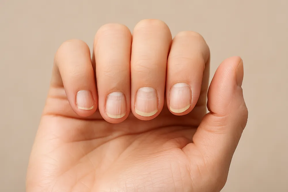 Реалістичне фото руки з ознаками змін нігтів для ілюстрації проблем з нігтями