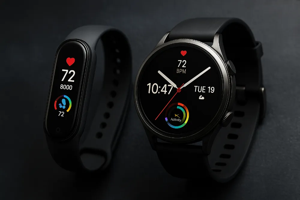 Крупний план фітнес-браслета і смарт-годинника у мінімалістичному стилі