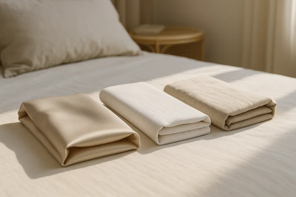 Три складені відрізи сатину, попліну та бязі на ліжку для порівняння фактур