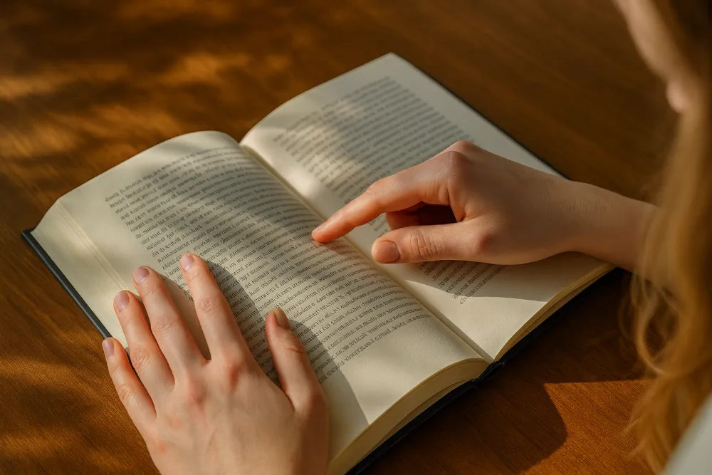 Крупний план рук читача, одна тримає олівець, інша лежить на сторінці відкритої книги