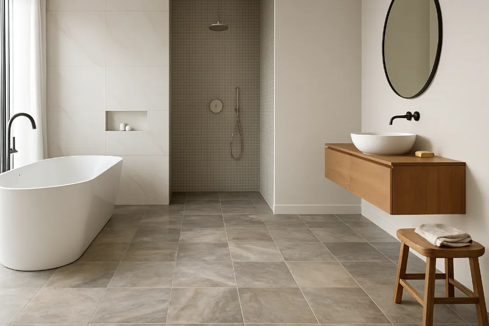 Широкоформатне фото сучасної ванної кімнати з плиткою на підлозі та мінімалістичним інтер’єром