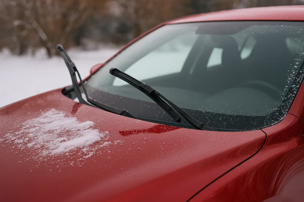 Червоне авто з працюючими склоочисниками очищує скло від снігу взимку
