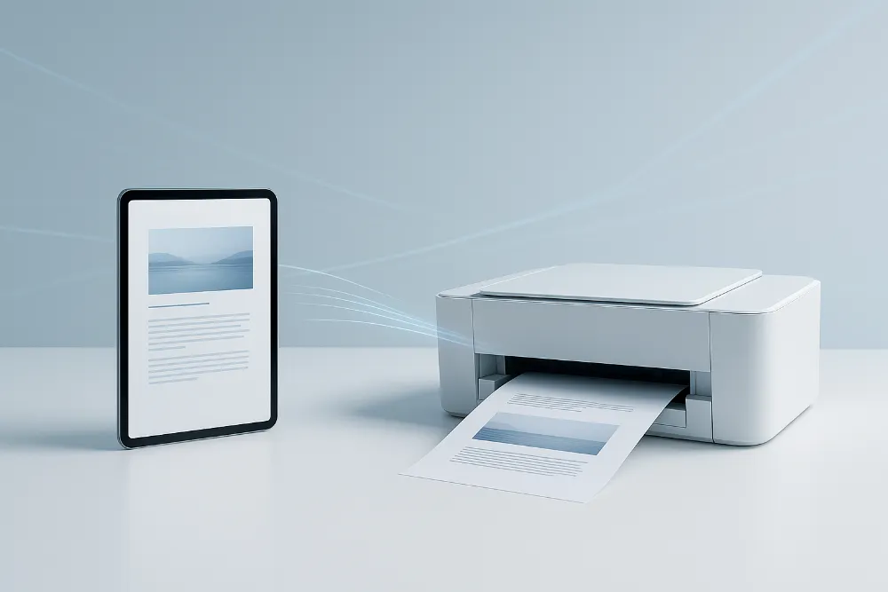 Широкоформатне зображення планшета та принтера в світлій технологічній сцені з ефектом бездротової передачі даних