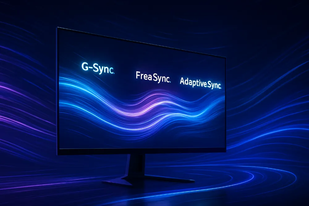 Широкоформатний футуристичний монітор із неоновими хвилями, що символізують G-Sync, FreeSync та Adaptive Sync у синьо-фіолетовій гамі