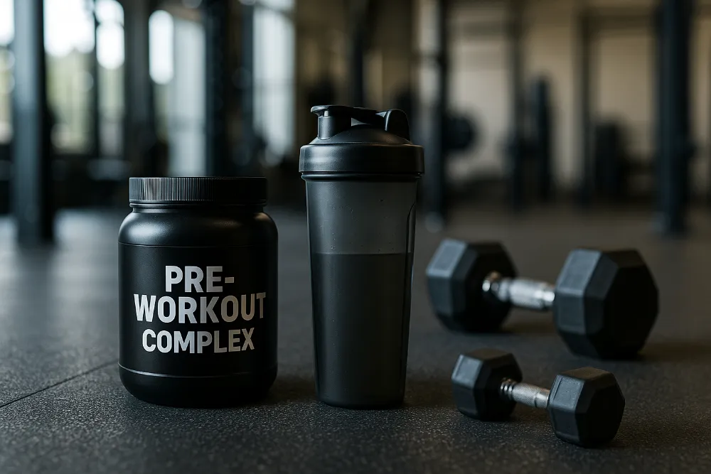 Фотографічний передтренувальний комплекс у спортзалі поруч із шейкером та гантелями