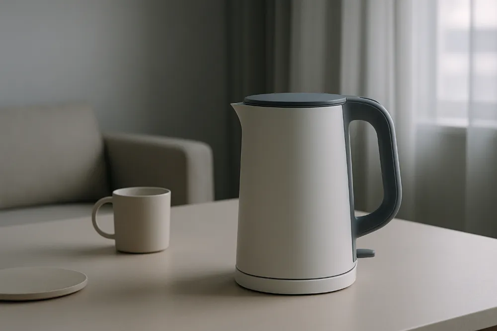 Преміальний тихий електрочайник у мінімалістичному сучасному інтер’єрі з м’яким освітленням