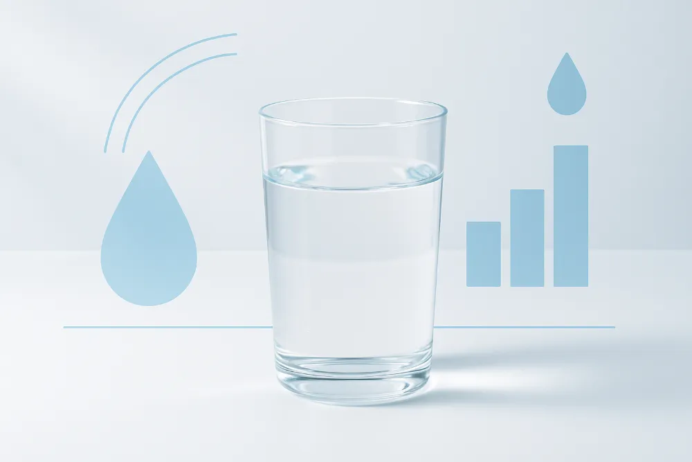 Прозора склянка з водою на білому фоні з мінімалістичною блакитною інфографікою