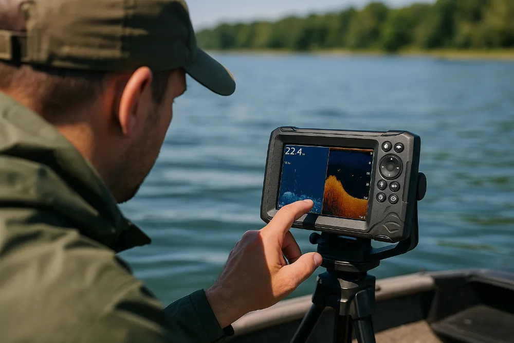 Рибалка переглядає екран ехолота на човні, аналізуючи рельєф дна