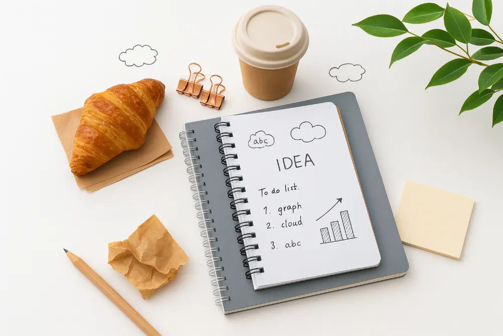 Канцелярія на білому столі: блокнот із замальовками, кроасан, кава, олівець та дрібні офісні аксесуари